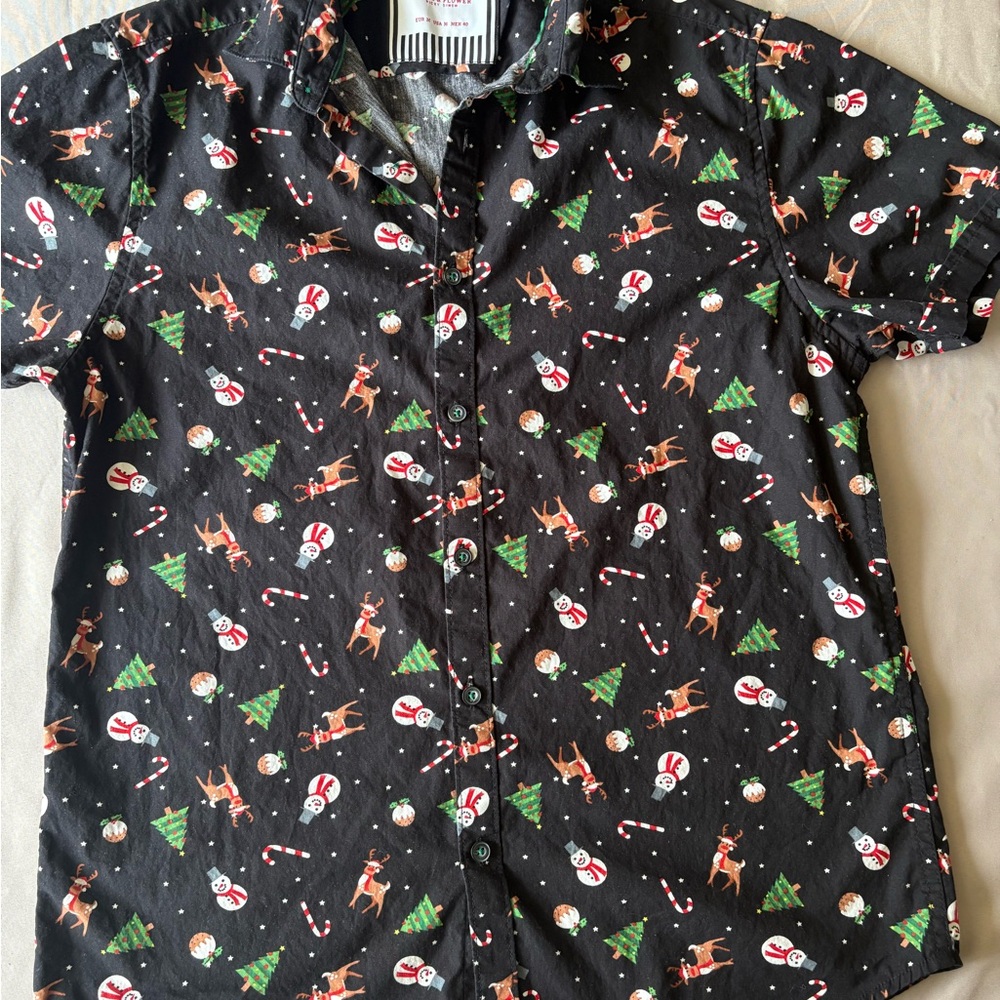 Denim & Flower Ricky‎ Singh Holiday Shirt M Short Sleeve Button Reindeer Snowman